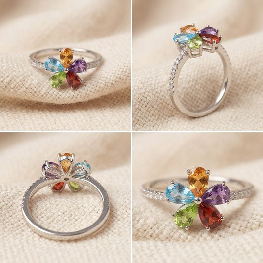 MULTI COLOURS FLOWER DESIGN 92.5 SILVER RING
