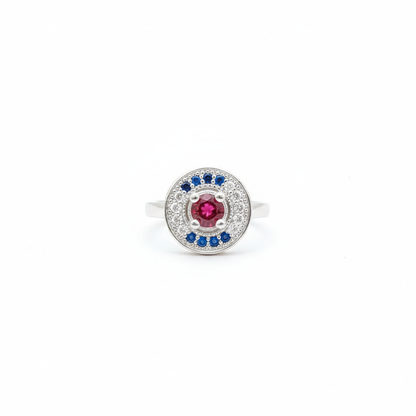 Silver Round Designer Ring with Blue and Ruby Center Stone | Women’s Silver Ring